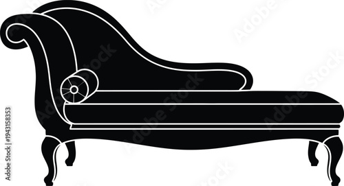 Elegant black and white silhouette of a classic vintage chaise longue sofa for interior design.