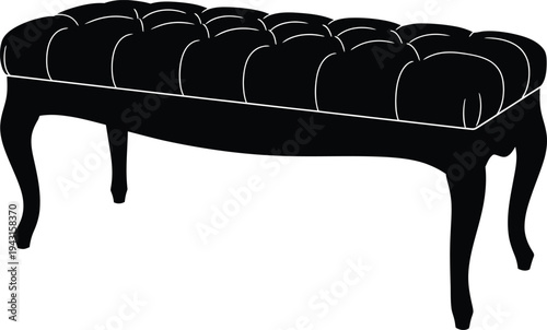 Black silhouette of a classic tufted upholstered bench with elegant curved legs on a white background