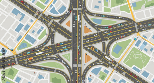Aerial View of a Complex Highway Interchange with Heavy Traffic.