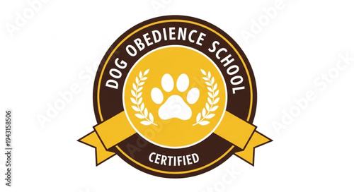 Dog Obedience School Certified Logo with Paw Print and Laurel Wreath.