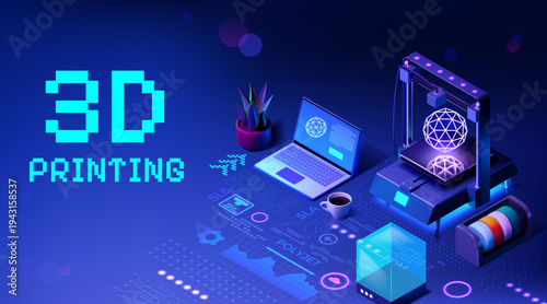 3D print. Isometric printer software. Business technology workshop or laptop computer on table. Model construction. Glowing equipment. Prototyping material maker. Vector background