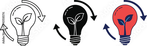 Eco Energy Idea Light Bulb Icon Set with Leaf Symbol and Circular Arrow Sustainability Concept Vector