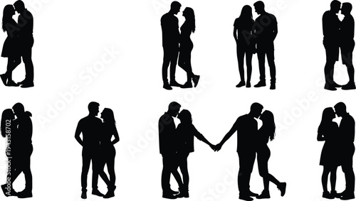 Black silhouettes set of various young couples in romantic and affectionate poses including kissing hugging and holding hands isolated on white background for love concepts