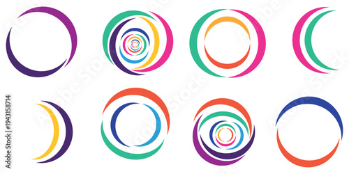 Circle company logo signs set. Collection of colorful emblems vector illustration. Abstract round symbols. Unique logotype design template isolated on white