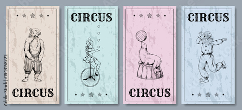 Vintage circus banners. Cirque sketch line drawing. Clown performance. Juggler on unicycle. Trained bear. Seal tricks. Festival entertainment. Magician show. Vector retro cards set