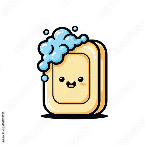 Cute Cartoon Soap Bar With Bubbles and Friendly Face.