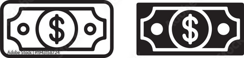 Minimal dollar banknote icon set with outline and solid currency money symbol