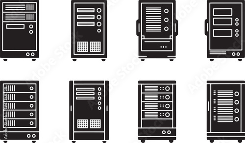 Comprehensive vector set illustrating modern computer server towers and rack-mounted systems, highlighting essential IT infrastructure and data center hardware designs