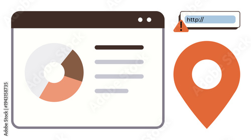 Business analytics, cybersecurity, geolocation services, web safety, digital navigation, data visualization. Dashboard with chart, map marker browser URL with warning. Business analytics
