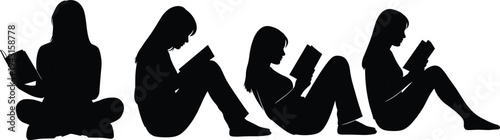 Black silhouettes set of various young women sitting and reading books in different relaxed positions isolated on white background for education and literacy concepts