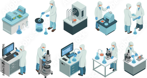 Isometric laboratory scientists conducting medical research experiments with microscopes, laboratory equipment and diagnostic technology in modern science lab illustration