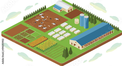 Isometric modern farm with crops, dairy cows, barns and silos illustrating agricultural production, livestock farming and rural agribusiness landscape