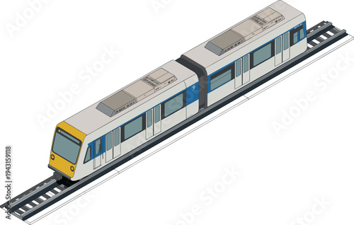 Isometric modern metro train, subway rail transport, urban public transit vehicle, railway carriage, city underground transportation illustration concept