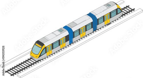 Isometric modern metro train, urban subway transportation, electric railway carriage, rapid transit vehicle, city public transport infrastructure illustration