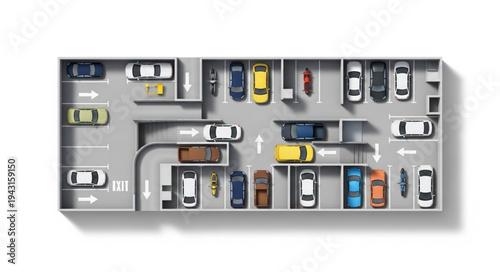 Overhead View of a Parking Lot with Multiple Cars.