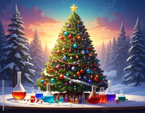 A vibrant holiday scene with a decorated tree and lab equipment