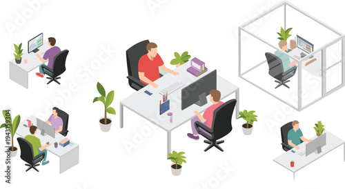 Isometric modern office workspace, employees collaborating and working at computers in corporate cubicles and glass meeting room illustration