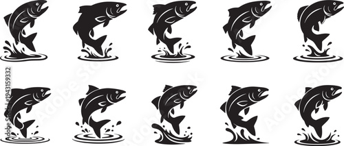 Collection of Silhouette Illustrations of Salmon Jumping Out of Water with Splashes
