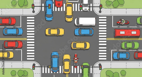 Aerial View of a Busy City Intersection with Cars.