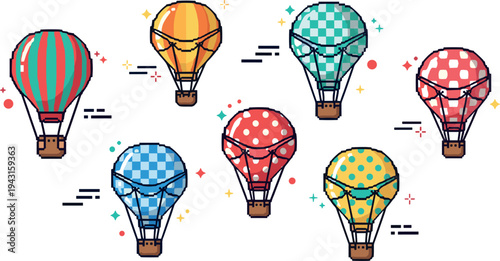 Colorful hot air balloon cartoon collection with striped and polka dot patterns cute travel adventure aviation vector illustration set
