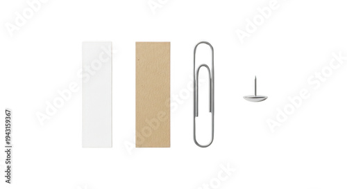 Office supplies including paperclip and thumbtack on transparent background