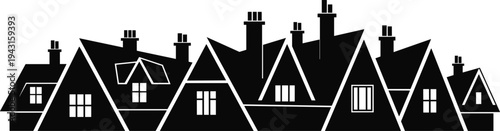 Black silhouette vector illustration of a continuous row of residential houses with multiple chimneys representing a suburban neighborhood community skyline