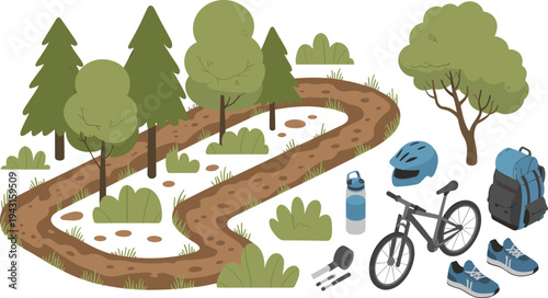 Isometric mountain bike trail, forest cycling path, outdoor adventure gear, bicycle equipment set, hiking and biking illustration concept