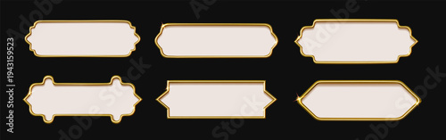 Luxury gold frame set. Islam background shape, ramadan title button or 3d golden banner. Thai label border for vintage box, metallic borders decorative elegant tag. Vector design elements