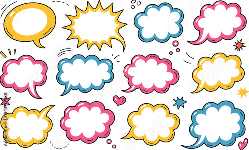 Colorful comic speech bubbles and conversation symbols for creative projects