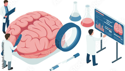 Isometric neuroscience research concept, scientists analyzing human brain, neurology laboratory technology, medical data analysis, healthcare innovation illustration design