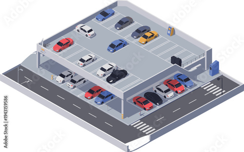 Isometric parking garage building, multi level car parking lot, urban city infrastructure, modern vehicle parking structure illustration