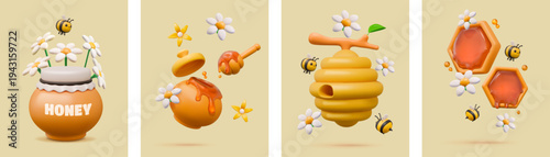3D bee hive. Cute nature hone. Honeycomb plastic gold product for healthy natural food. Honeybee fly. Summer flowers. Wax beehive at branch. Beekeeping cards. Apiary vector banners set