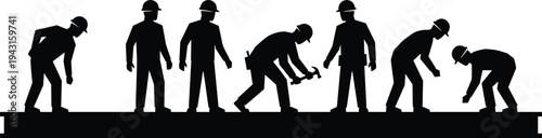 Black silhouette vector illustration of a large team of construction workers wearing hard hats building a structure on steel beams