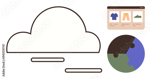 E-commerce, cloud services, online shopping, digital storage, global connection, technology integration. A cloud figure, e-commerce interface and globe puzzle piece. E-commerce and cloud services