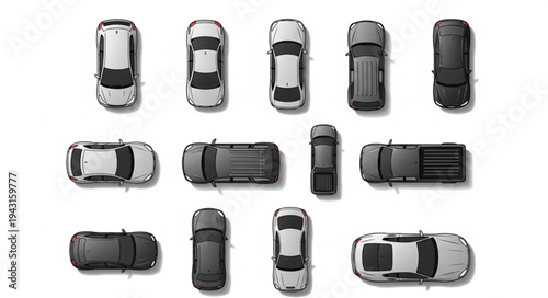 Overhead View of Various Cars Parked in Rows on White Background.