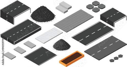 Isometric road construction set, asphalt piles, pavement tiles, street sections, infrastructure materials, urban highway building elements, civil engineering illustration