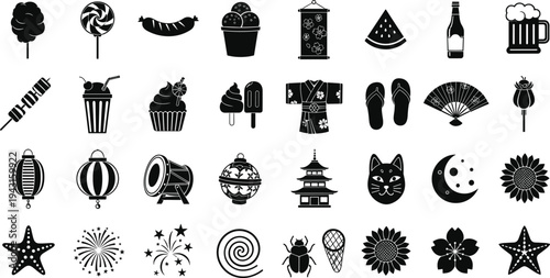 Black Silhouette Icon Set Featuring Food, Drink, Japanese Culture, Nature, Fireworks, Moon, Insect and Decorative Elements Vector Collection
