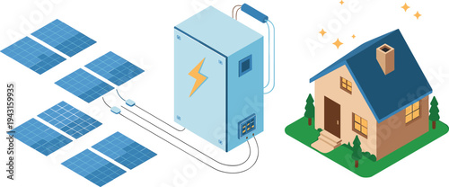 Isometric solar energy system, photovoltaic panels powering house, home battery storage, renewable electricity, sustainable residential energy illustration