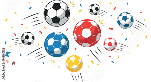 Colorful soccer balls flying with motion lines and confetti football sport celebration vector illustration set