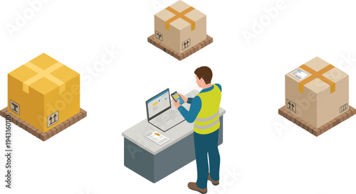 Isometric warehouse worker scanning parcels, logistics inventory management, shipping boxes, supply chain tracking, distribution center operations illustration