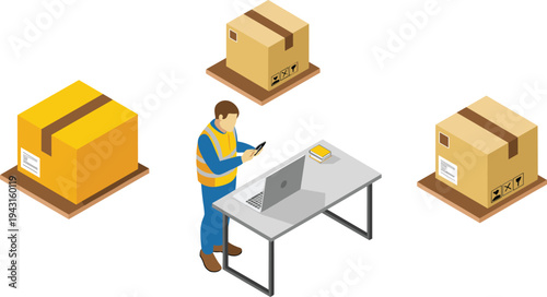 Isometric warehouse worker scanning shipping boxes, logistics inventory management, package tracking, supply chain distribution, order fulfillment operations illustration