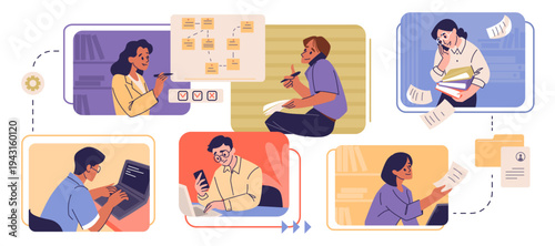 Project workflow. People work in office, network communication in computer or supervise system feedback. Employee planning and coding, organized task vector cartoon isolated graphic concept