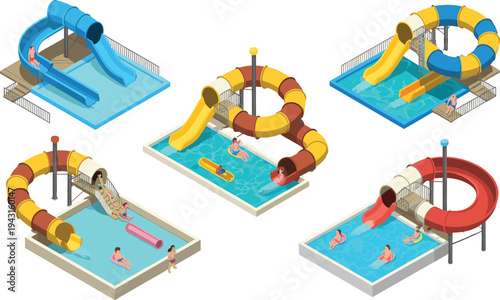 Isometric water park slides, swimming pool attractions, aqua park playground, summer vacation leisure, water recreation entertainment illustration set