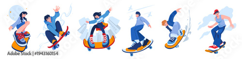 Happy employee. Fun skateboard character. dynamic skater motions. Fast skate ride. Energetic man. Woman on longboard. Skateboarding young people. Jump tricks. Vector freedom concepts set