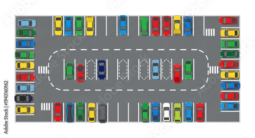 Overhead View of a Parking Lot Filled with Cars.