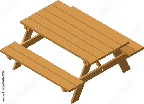 Isometric wooden picnic table with benches, outdoor park furniture garden seating classic backyard picnic illustration