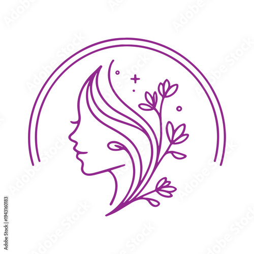 Elegant profile silhouette with flowing hair and floral accents in a circular frame