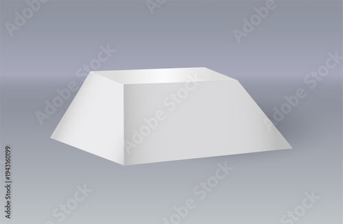 3d stand. Trapezoid shape. White empty podium for product presentation and exhibition, simple grey award background, block form, showroom exposition. Geometric vector isolated mockup