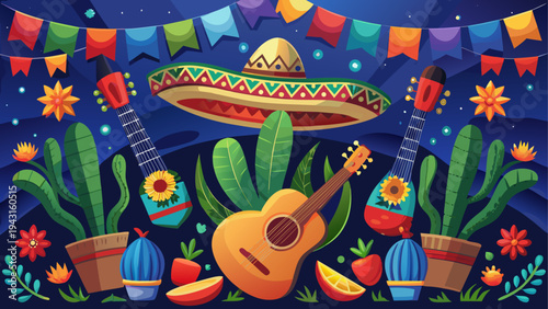 Colorful hot air balloon floating with autumn leaves and pumpkins