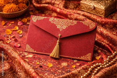 Traditional Indian wedding invitation envelope with golden ornament and tassel on table with marigold flowers and festive decorations